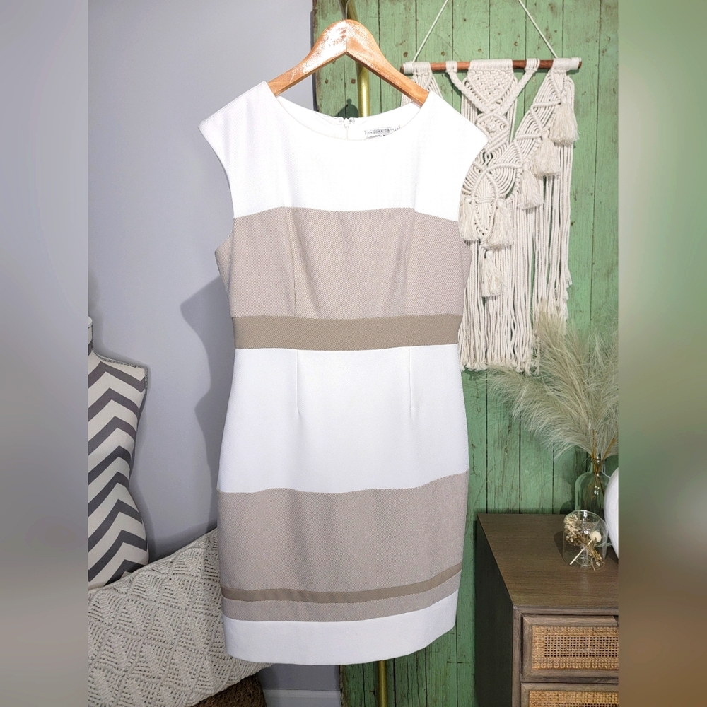 EUC Tan and White Striped Midi Dress by Sandra Darren. Size 8